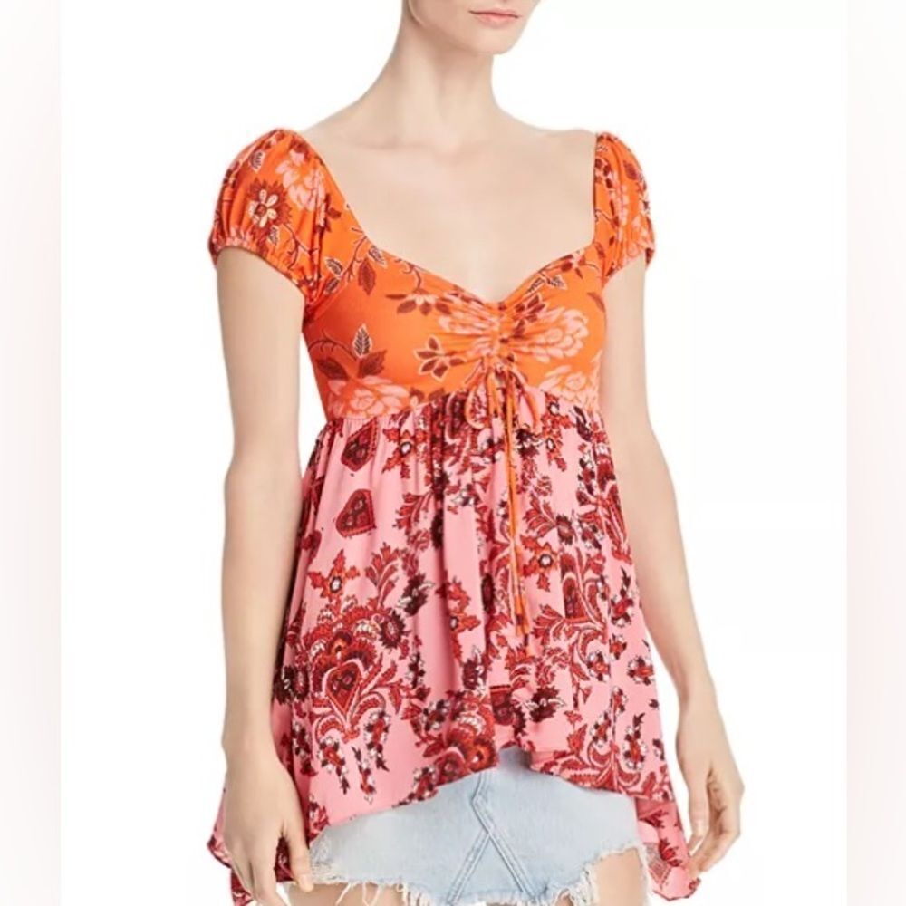 Free People Orange and Pink Floral Tunic - Picture 2 of 7